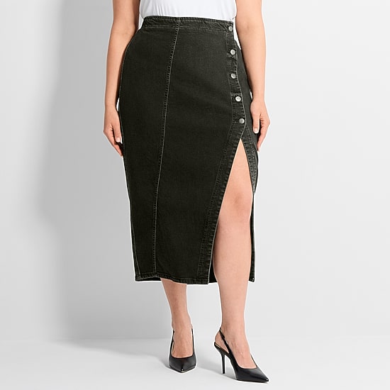 Ashley Graham Women's Plus Slit Front Midi Skirt