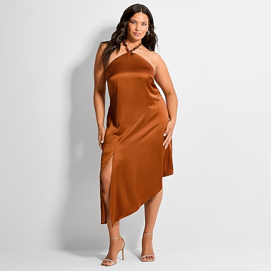 Ashley Graham Women's Plus Bead Trim Satin Midi Dress