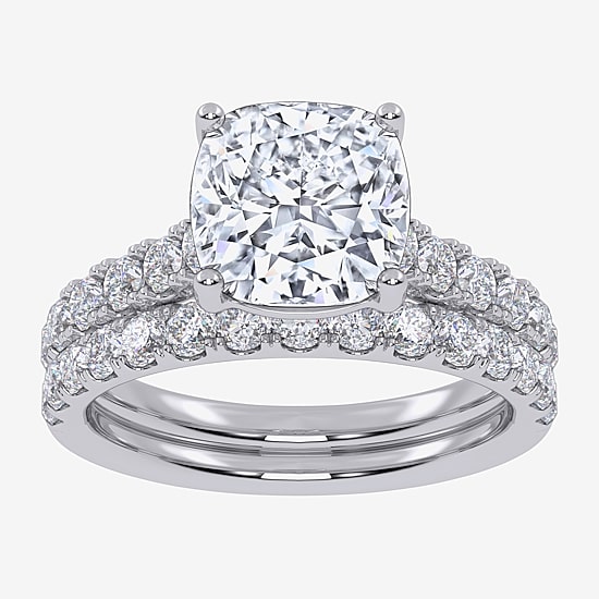 Signature By Modern Bride (G-H / Vs2-Si1) Womens 4 CT. T.W. Lab Grown White Diamond 14K Gold Cushion Side Stone Bridal Set