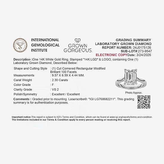 Grown Gorgeous (F, Vs2) Womens 2 1/4 CT. T.W. Lab Grown White Diamond 14K Gold or Platinum Radiant-cut Solitaire Engagement Ring