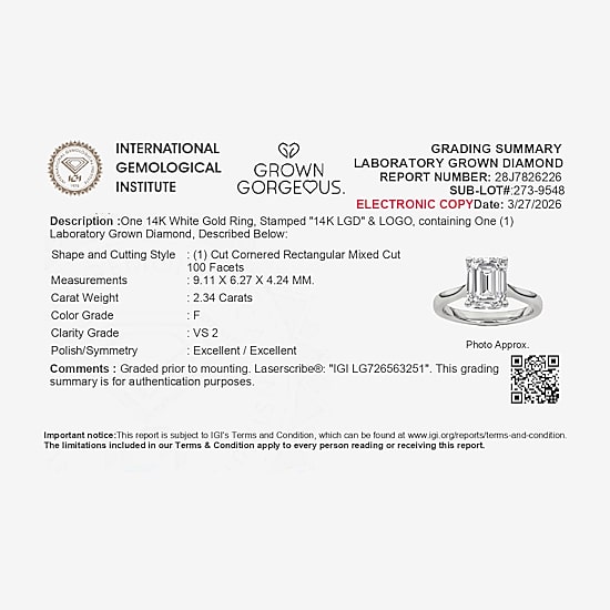 Grown Gorgeous (F, Vs2) Womens 2 1/4 CT. T.W. Lab Grown White Diamond 14K Gold or Platinum Emerald-cut Solitaire Engagement Ring
