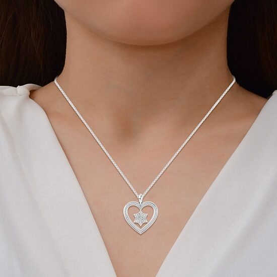 Enchanted Disney Fine Jewelry Womens 1/5 CT. Natural White Diamond Sterling Silver Heart 17 Inch Pendant Necklace