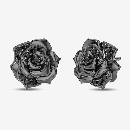 Enchanted Disney Fine Jewelry 1/6 CT. T.W. Natural Black Diamond Sterling Silver 14.8mm Flower Maleficent Stud Earrings