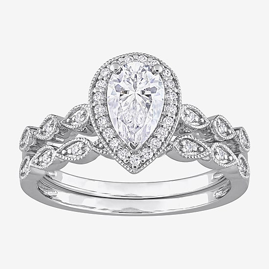 Womens 1 1/6 CT. T.W.  Lab Created White Moissanite Sterling Silver Pear Halo Bridal Set