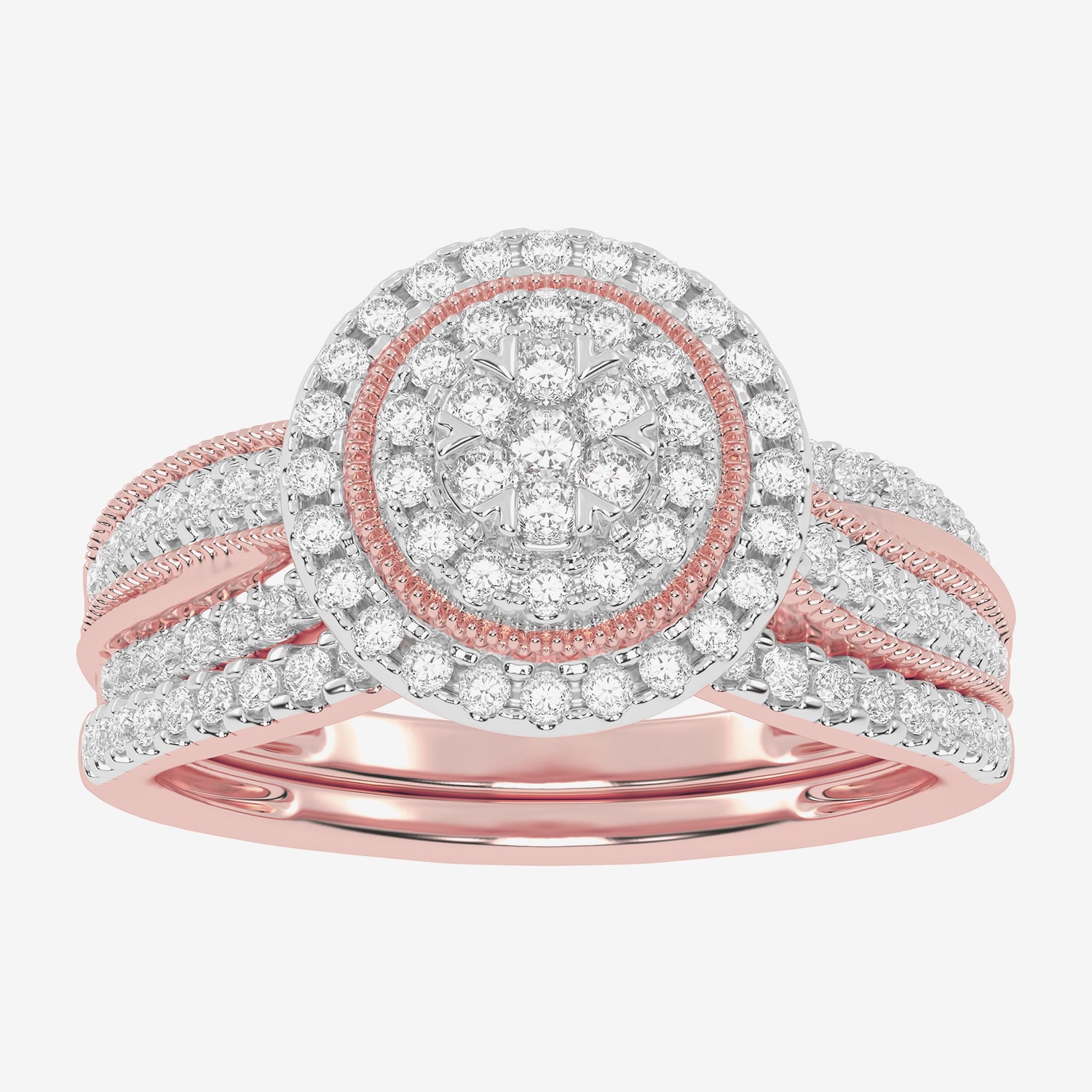 Womens / CT. T.W. Natural Diamond 10K Gold Round Side Stone Halo Bridal Set