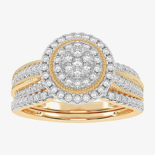 Womens 1/2 CT. T.W. Natural White Diamond 10K Gold Round Side Stone Halo Bridal Set, 9, Yellow