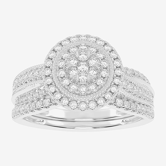 Womens 1/2 CT. T.W. Natural White Diamond 10K Gold Round Side Stone Halo Bridal Set