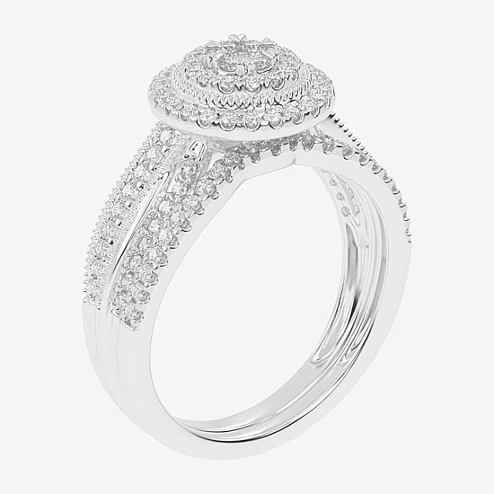 Womens 1/2 CT. T.W. Natural White Diamond 10K Gold Round Side Stone Halo Bridal Set