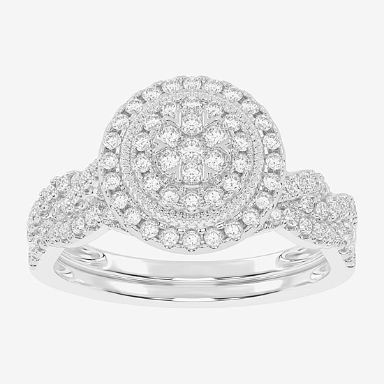 Womens 1/2 CT. T.W. Natural White Diamond 10K Gold Round Side Stone Halo Bridal Set