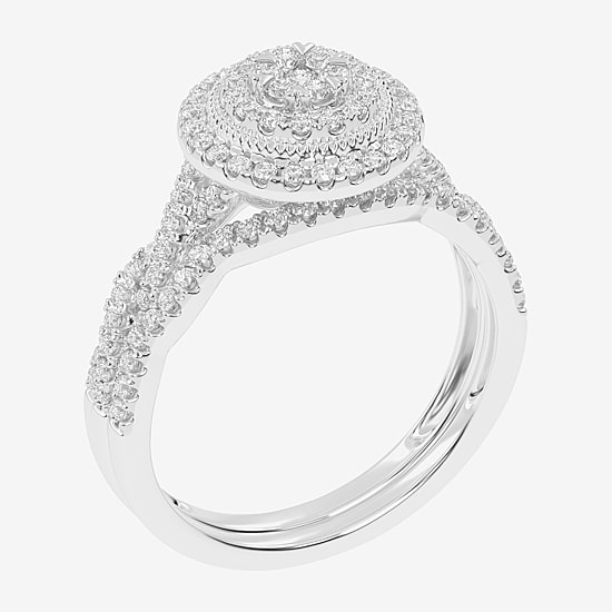 Womens 1/2 CT. T.W. Natural White Diamond 10K Gold Round Side Stone Halo Bridal Set