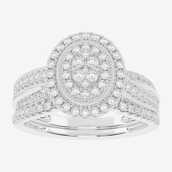 Womens 1/2 CT. T.W. Natural White Diamond 10K Gold Oval Side Stone Halo Bridal Set