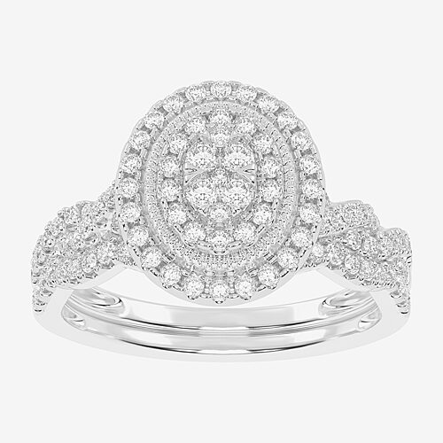 Womens 1/2 CT. T.W. Natural White Diamond 10K Gold Oval Side Stone Halo Bridal Set, 9, White