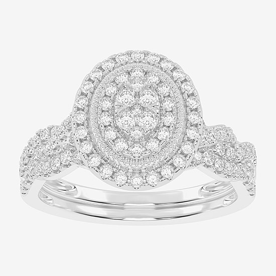 Womens 1/2 CT. T.W. Natural White Diamond 10K Gold Oval Side Stone Halo Bridal Set