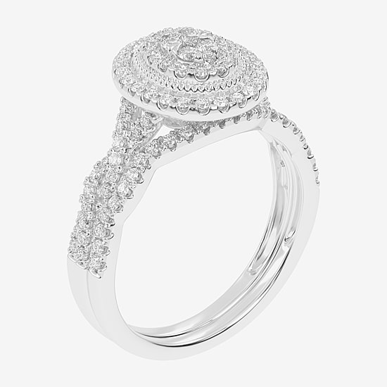 Womens 1/2 CT. T.W. Natural White Diamond 10K Gold Oval Side Stone Halo Bridal Set
