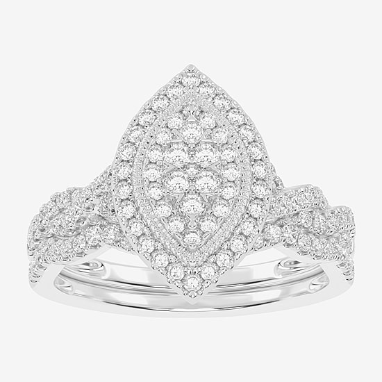 Womens 1/2 CT. T.W. Natural White Diamond 10K Gold Marquise Side Stone Halo Bridal Set