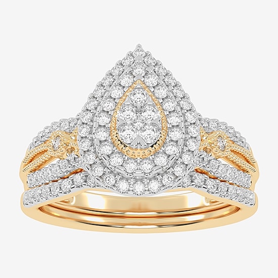 Womens 1/2 CT. T.W. Natural White Diamond 10K Gold Pear Side Stone Halo Bridal Set