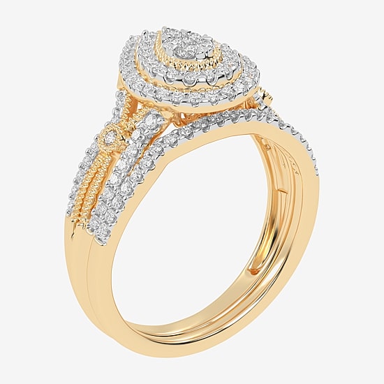 Womens 1/2 CT. T.W. Natural White Diamond 10K Gold Pear Side Stone Halo Bridal Set