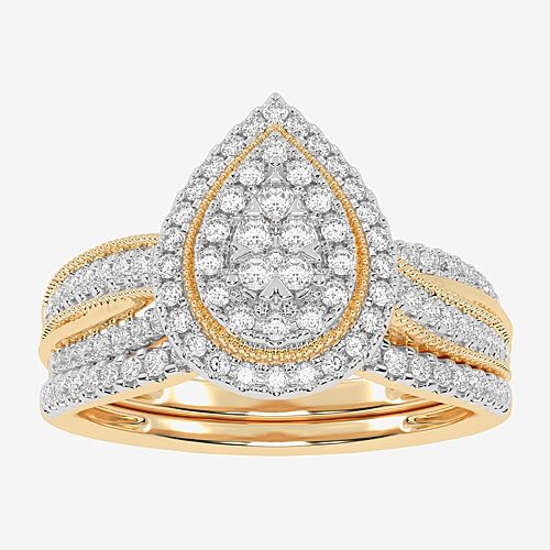 Womens 1/2 CT. T.W. Natural White Diamond 10K Gold Pear Side Stone Halo Bridal Set, 9, Yellow