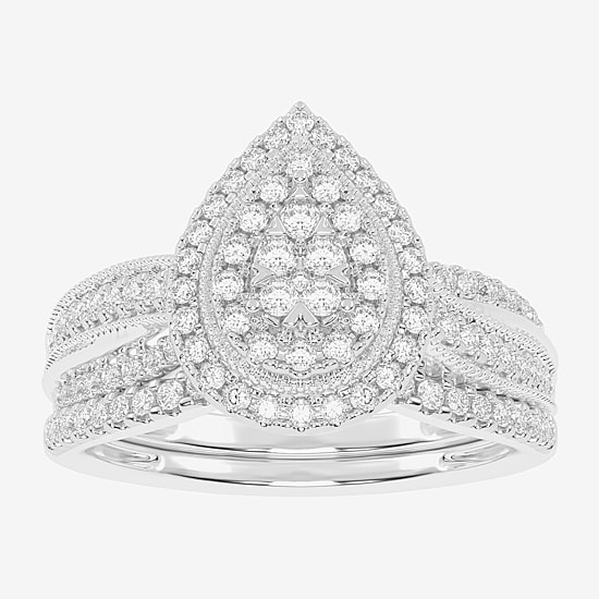 Womens 1/2 CT. T.W. Natural White Diamond 10K Gold Pear Side Stone Halo Bridal Set