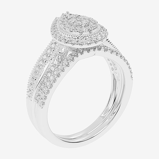 Womens 1/2 CT. T.W. Natural White Diamond 10K Gold Pear Side Stone Halo Bridal Set