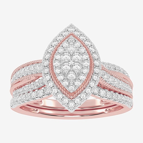Womens 1/2 CT. T.W. Natural White Diamond 10K Gold Marquise Side Stone Halo Bridal Set, 9, Rose