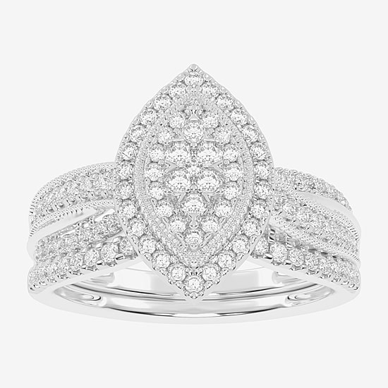 Womens 1/2 CT. T.W. Natural White Diamond 10K Gold Marquise Side Stone Halo Bridal Set