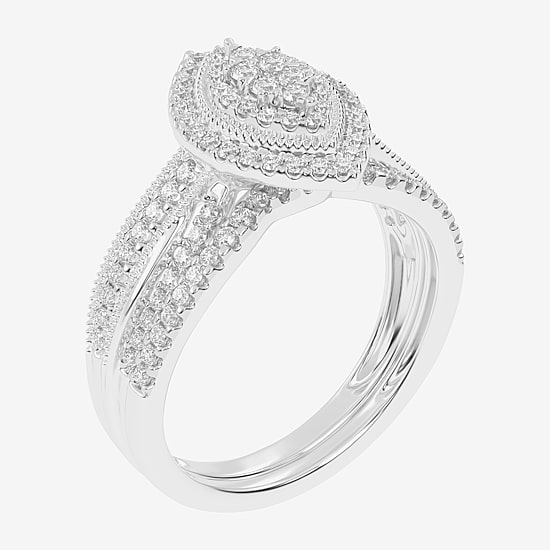 Womens 1/2 CT. T.W. Natural White Diamond 10K Gold Marquise Side Stone Halo Bridal Set