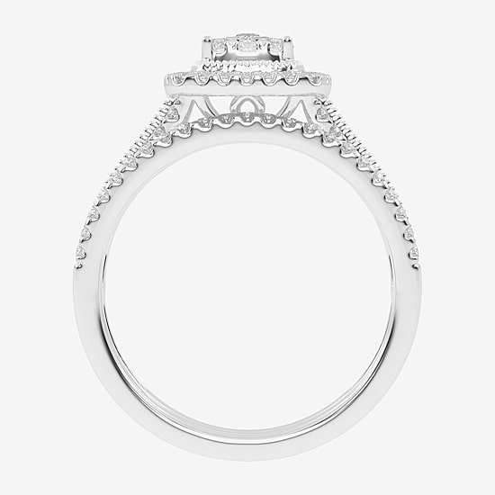 Womens 1/2 CT. T.W. Natural White Diamond 10K Gold Cushion Side Stone Halo Bridal Set