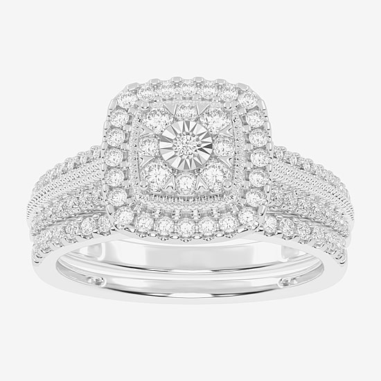Womens 1/2 CT. T.W. Natural White Diamond 10K Gold Cushion Side Stone Halo Bridal Set