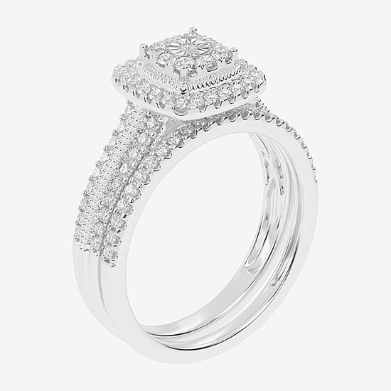 Womens 1/2 CT. T.W. Natural White Diamond 10K Gold Cushion Side Stone Halo Bridal Set