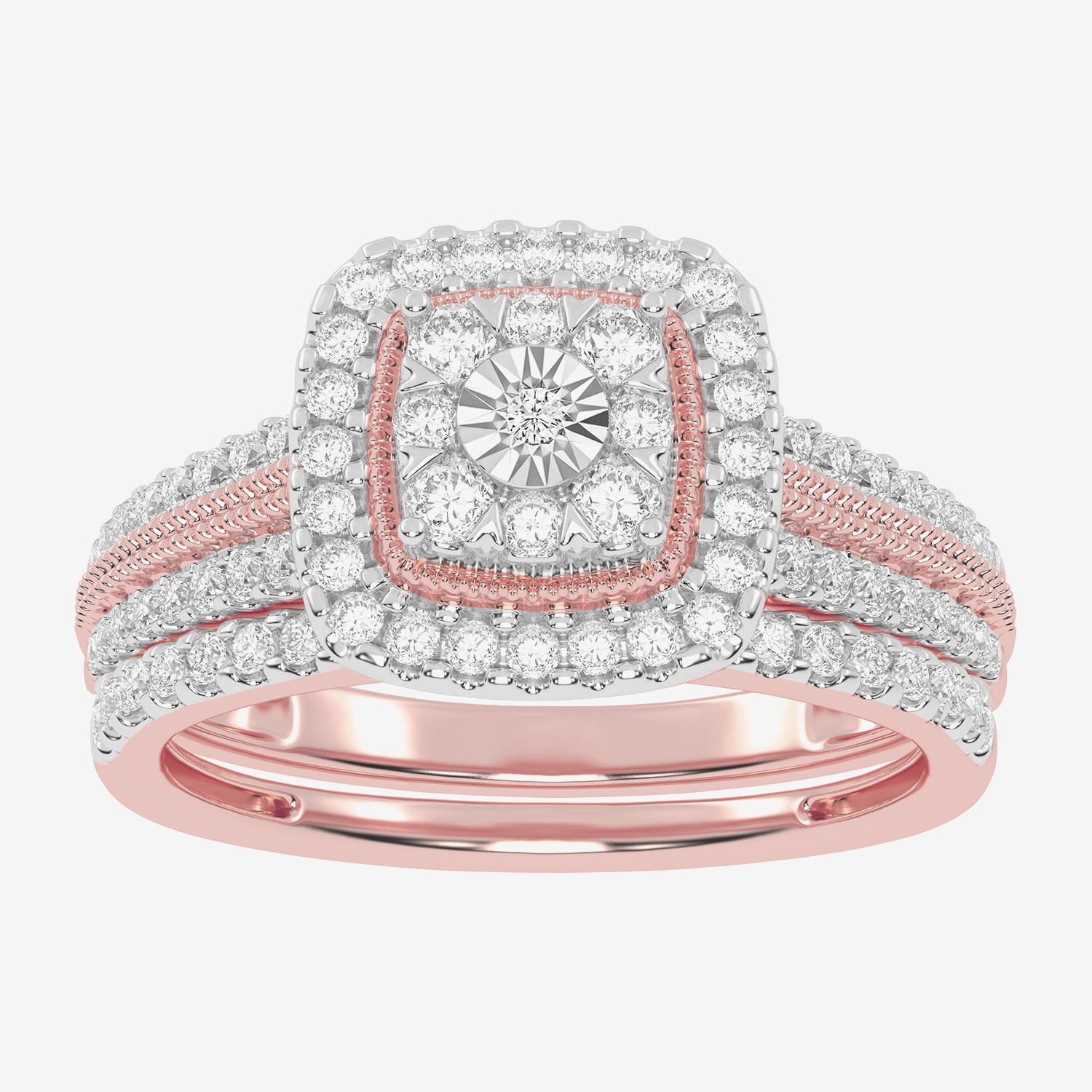Womens 1/2 CT. T.W. Natural White Diamond 10K Gold Cushion Side Stone Halo Bridal Set