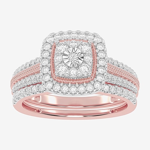 Womens 1/2 CT. T.W. Natural White Diamond 10K Gold Cushion Side Stone Halo Bridal Set, 9, Rose