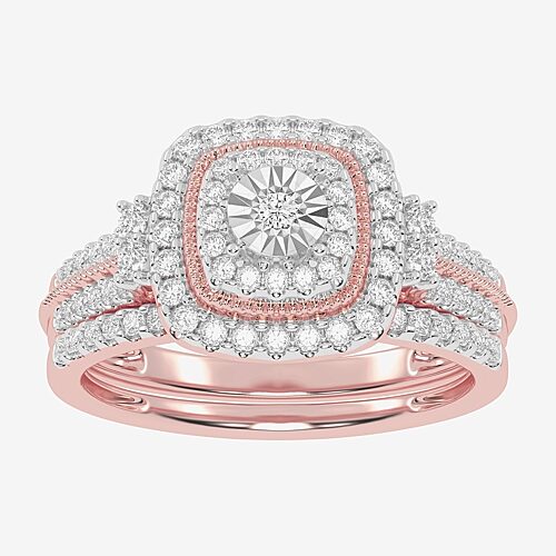 Womens 1/2 CT. T.W. Natural White Diamond 10K Gold Cushion Side Stone Halo Bridal Set, 9, Rose