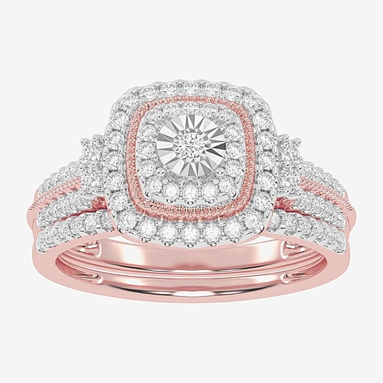 Womens 1/2 CT. T.W. Natural White Diamond 10K Gold Cushion Side Stone Halo Bridal Set