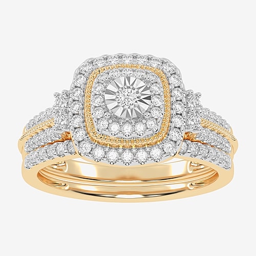 Womens 1/2 CT. T.W. Natural White Diamond 10K Gold Cushion Side Stone Halo Bridal Set, 9, Yellow