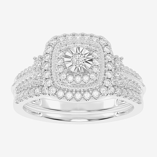 Womens 1/2 CT. T.W. Natural White Diamond 10K Gold Cushion Side Stone Halo Bridal Set