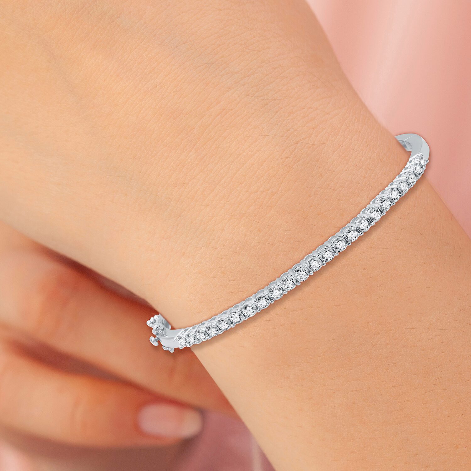 (H-I / I1) Womens 1 CT. T.W. Lab Grown White Diamond Sterling Silver Bangle Bracelet