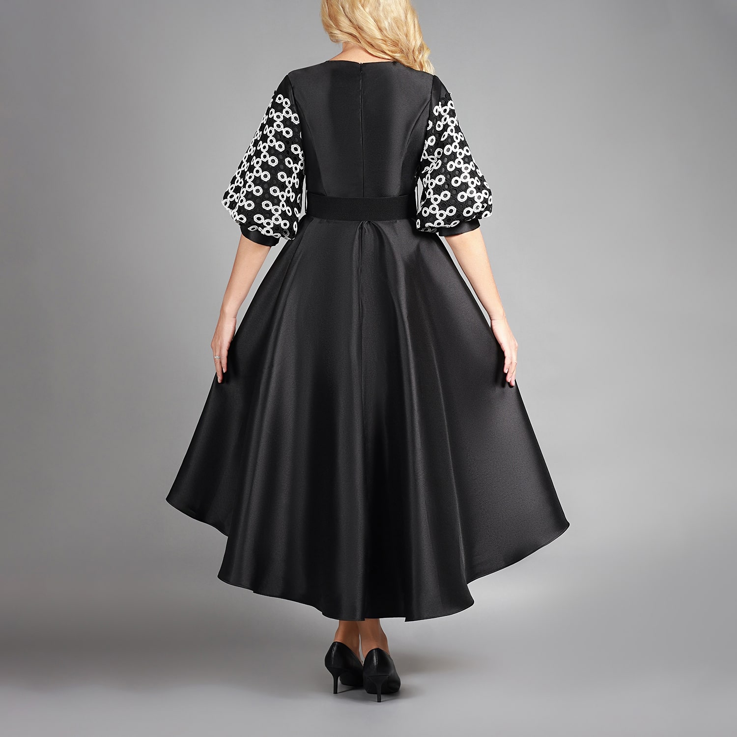 Giovanna Collection Womens Plus High-Low Crew Neck Elbow Sleeve Circles A-Line Dress