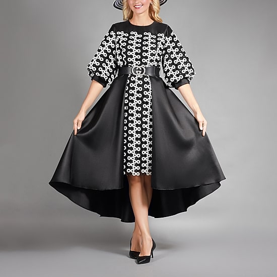 Giovanna Collection Womens Plus High-Low Crew Neck Elbow Sleeve Circles A-Line Dress