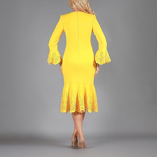 Giovanna Collection Womens Midi Scallop Neck Long Sleeve Eyelet Sheath Dress