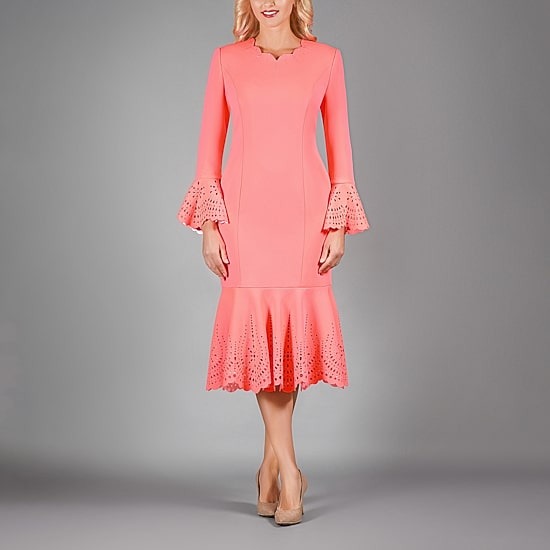 Giovanna Collection Womens Midi Scallop Neck Long Sleeve Eyelet Sheath Dress