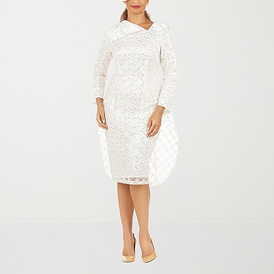 Giovanna Signature Womens Asymmetrical Neck Long Sleeve Diamond Sheath Dress