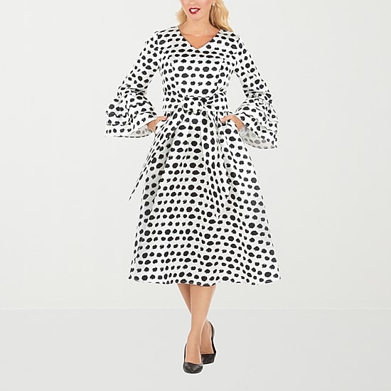 Giovanna Signature Womens Midi V Neck Long Sleeve Polka Dot A-Line Dress