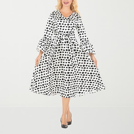 Giovanna Signature Womens Midi V Neck Long Sleeve Polka Dot A-Line Dress
