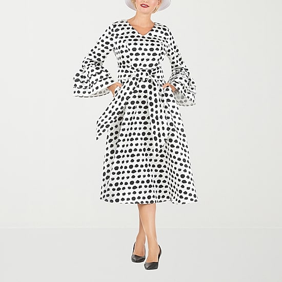 Giovanna Signature Womens Midi V Neck Long Sleeve Polka Dot A-Line Dress