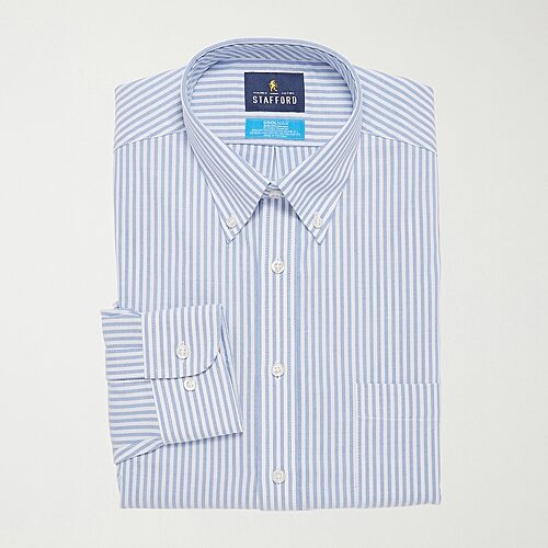 Stafford Coolmax All Season Ecomade Oxford Mens Regular Fit Stretch Fabric Wrinkle Free Long Sleeve Dress Shirt, 17-17.5 36-37, Blue