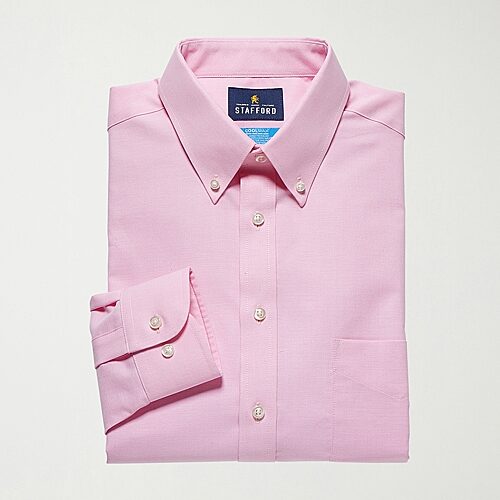 Stafford Coolmax All Season Ecomade Oxford Mens Regular Fit Stretch Fabric Wrinkle Free Long Sleeve Dress Shirt, 19-19.5 38-39, Pink