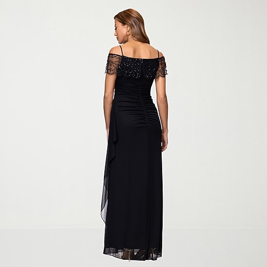 DJ Jaz Womens Straight Neck Short Sleeve Off the Shoulder Beaded Fitted Gown