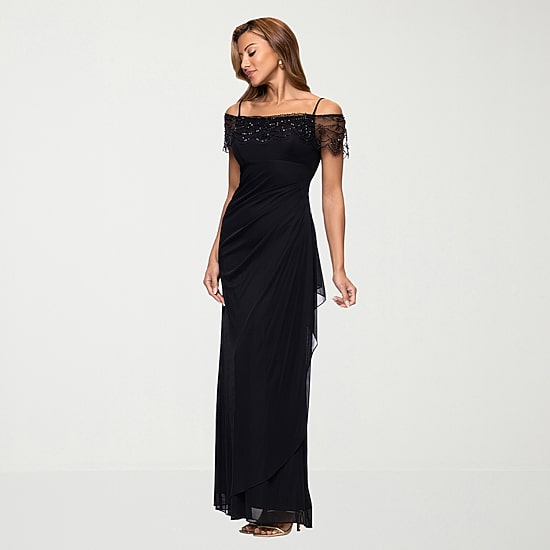 DJ Jaz Womens Straight Neck Short Sleeve Off the Shoulder Beaded Fitted Gown