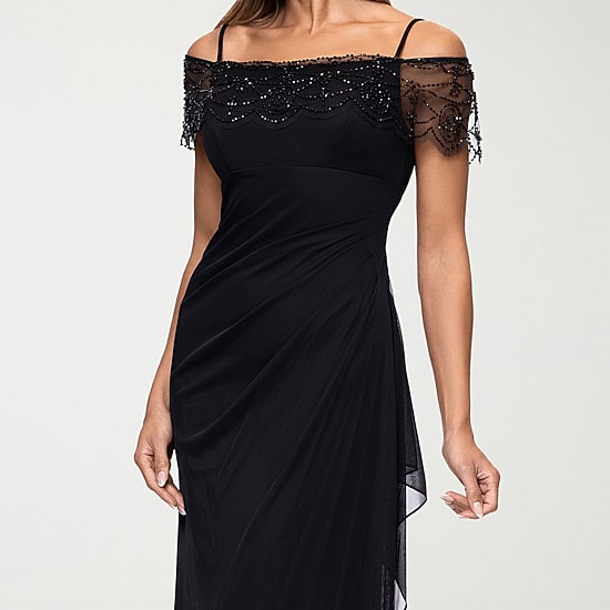 DJ Jaz Womens Straight Neck Short Sleeve Off the Shoulder Beaded Fitted Gown